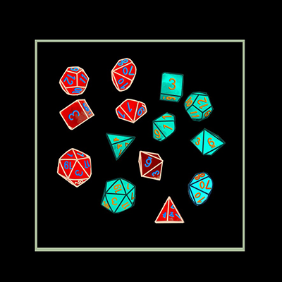 Blue and red polyhedral dice.