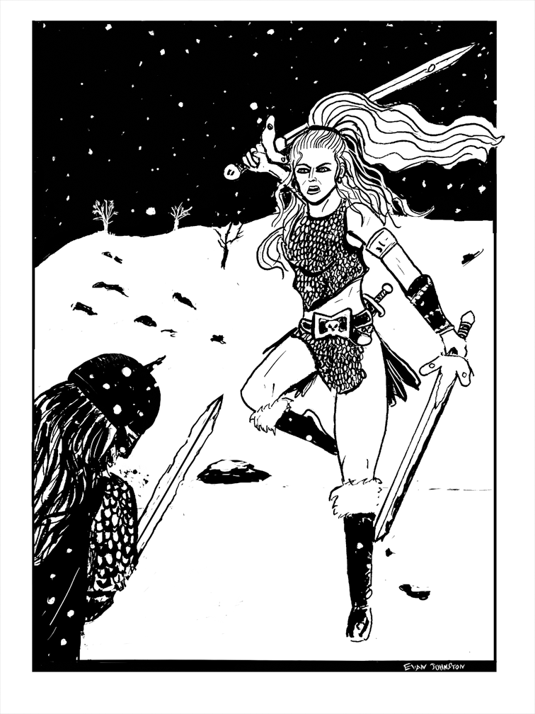 A black and white illustration of the comic book character Red Somja slaying an invader