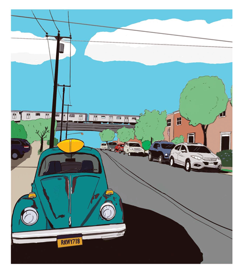 A color illustration of an old green Volkswagon Bug parked on the left side of the road in the foreground with a surfboard mounted on it. On the right side of the road, many cars are parked in a row. The subway is in the far background, bringing people to the beach. The location is Rockaway Beach, New York.