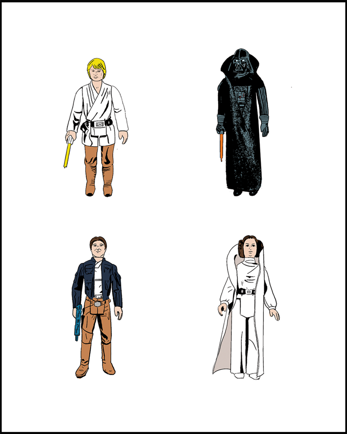 A color illustration of four Star Wars action figures: Luke, Vader, Han, and Princess Leia.