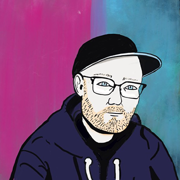 An illustration of a man in his 40s wearing glasses, a hoodie, and a baseball cap. A self-potrait of the author).