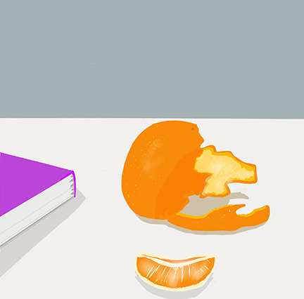 An illustration of a book with a purple book cover, only half in the frame, an orange slice, front and center, and the orange peel in the background, on a white table.