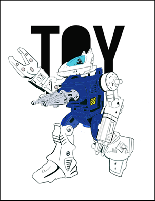 A color illustration of a blue and white robot, a 'Starrior' with the word TOY in big bold writing behind it